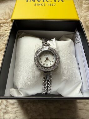 Invicta NIB Angel Women's Silver Crystal Accent Bracelet Watch - Silver